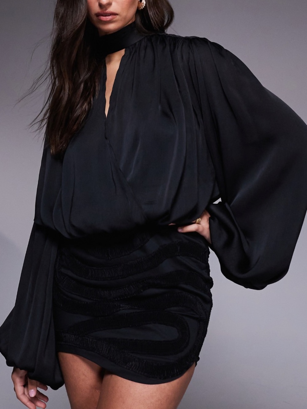 ASOS DESIGN long blouson sleeves plunge neck mini dress with structured skirt